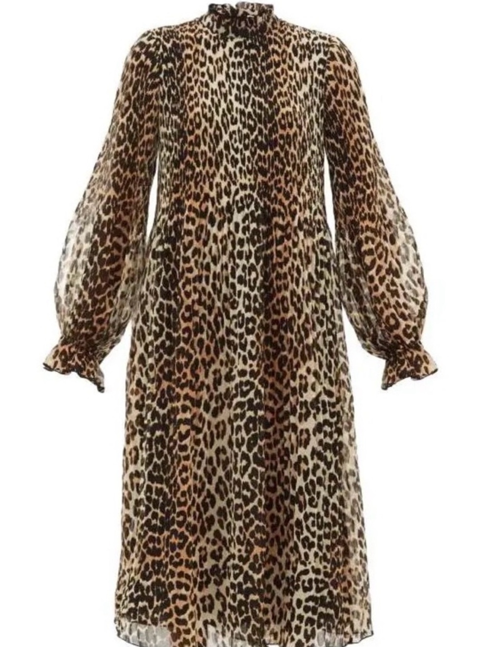 Ganni Leopard-Print Long Sleeve Midi Dress in Brown & Cream